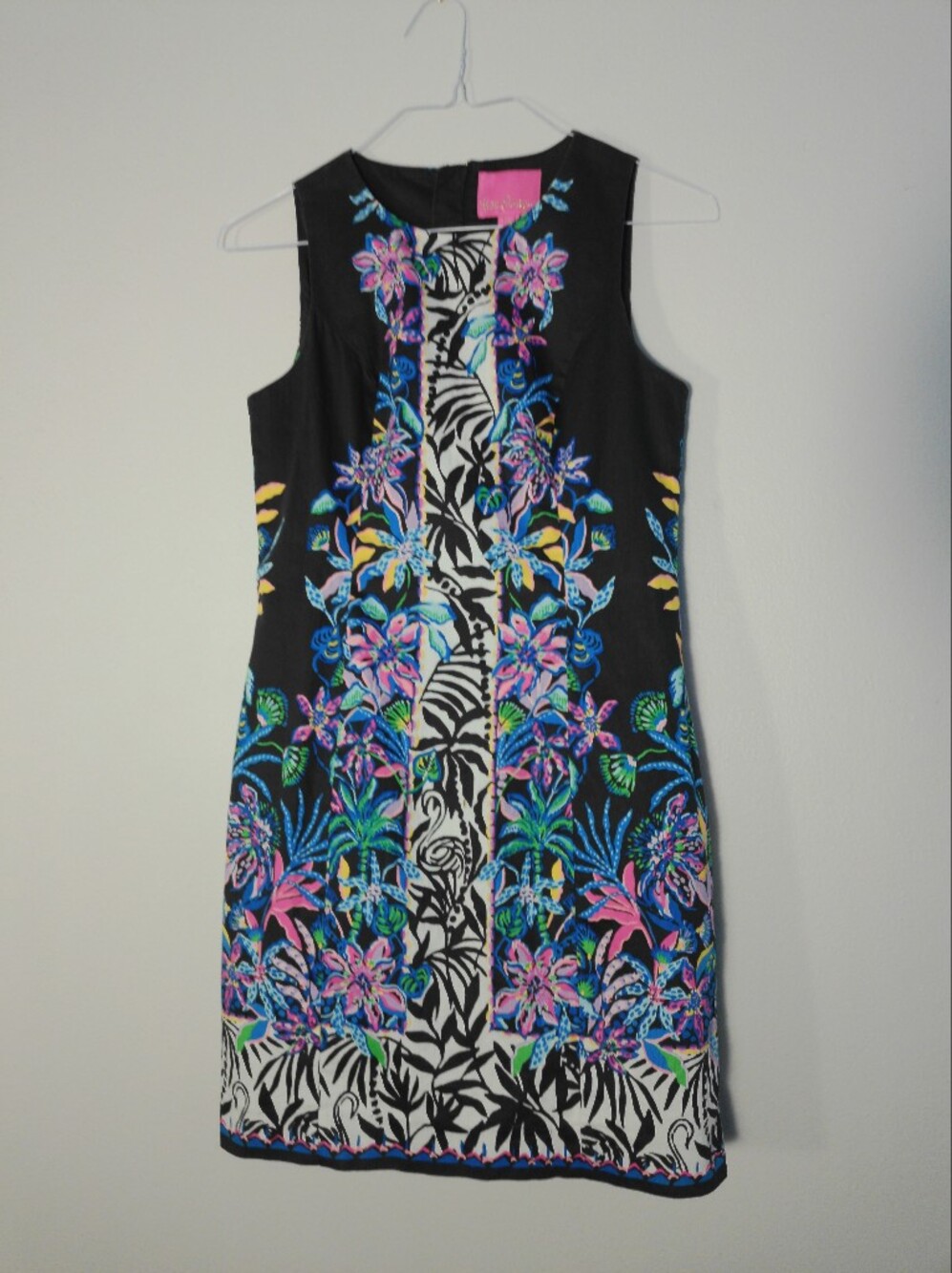 Lilly Pulitzer Black Midi Dress with Neon Floral & Zebra Center Stripe